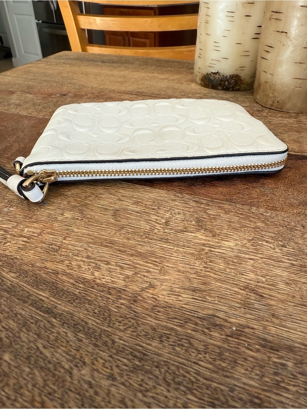 Coach Cream Embossed Signature Leather Wristlet with Gold Hardware - Picture 3 of 5